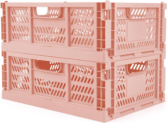 2-Pack Crates for Storage, Storage Crates Plastic Stackable, Collapsible Folding Crate for Office Home Kitchen Bedroom Bathroom (Large, Pink)