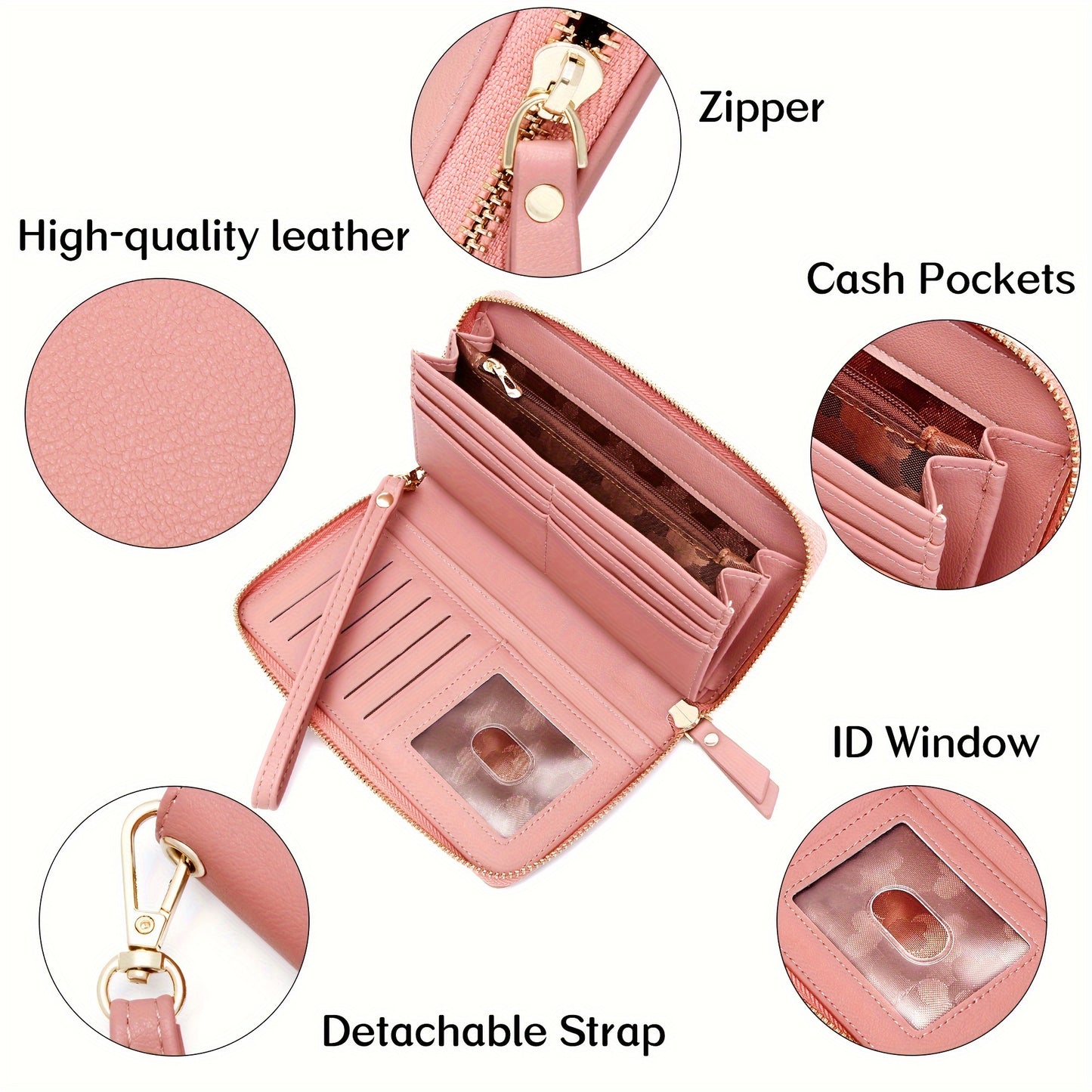 Womens Wallet Zip Around Wallet PU Leather Large Travel Long Purse Credit Card Holder with Wristlet