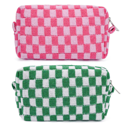 2 Pieces Makeup Bag Pouch Checkered Cosmetic Bag Pink Green, Travel Toiletry Bag Organizer Cute Makeup Brushes Storage Bag for Women