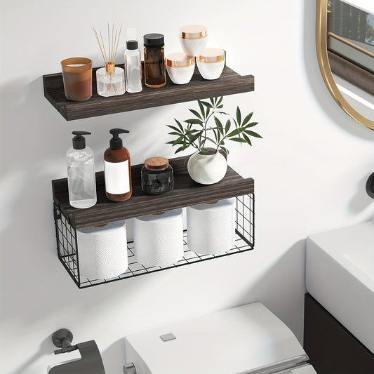 2+1 Tier Floating Bathroom Shelves, Rustic Wall Mounted Shelves Over Toilet with Toilet Paper Storage Basket provides additional storage space, for Home Decor and Storage (dark Carbonized Black)