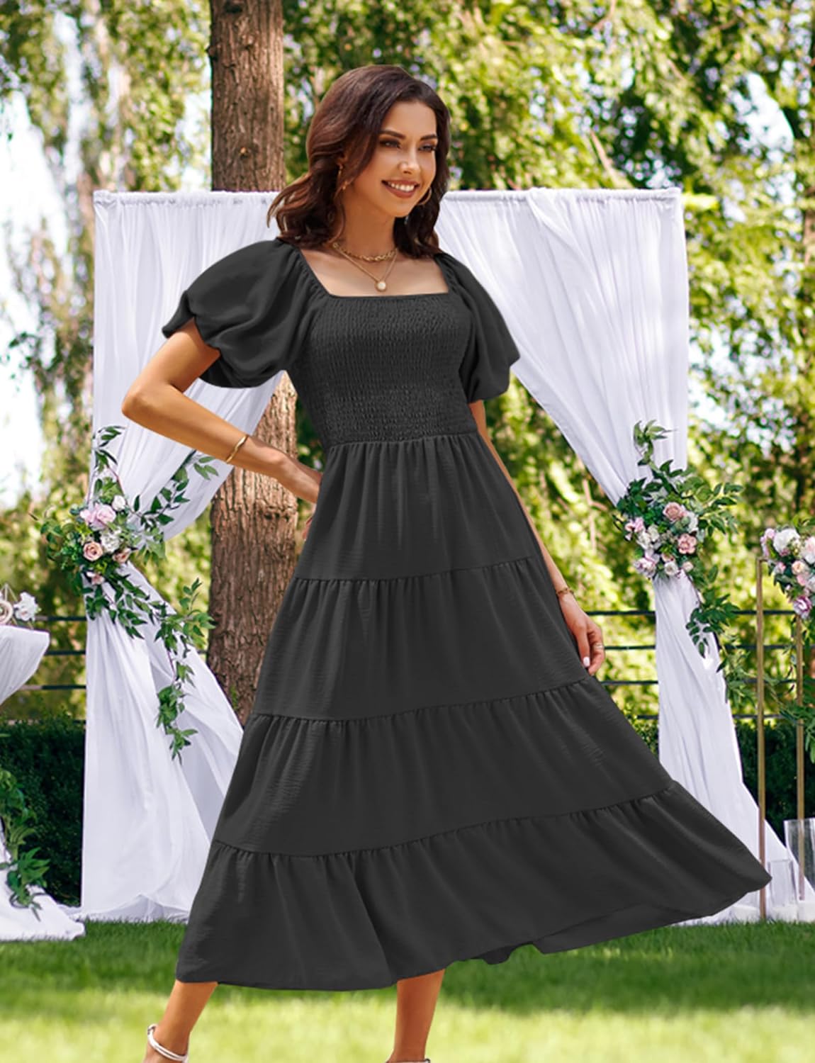 Women's 2024 Summer Dresses Square Neck Puff Short Sleeve Casual High Waist Flowy A Line Smocked Ruffle Midi Dress