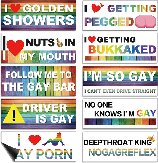 10 Pcs Funny Gay LGBT Prank Bumper Stickers Funny Car Stickers Rainbow Bumper Stickers Magnetic Bumper Decals Colorful Car Accessories for Car Vehicle Refrigerator(Classic Style,Magnetic)