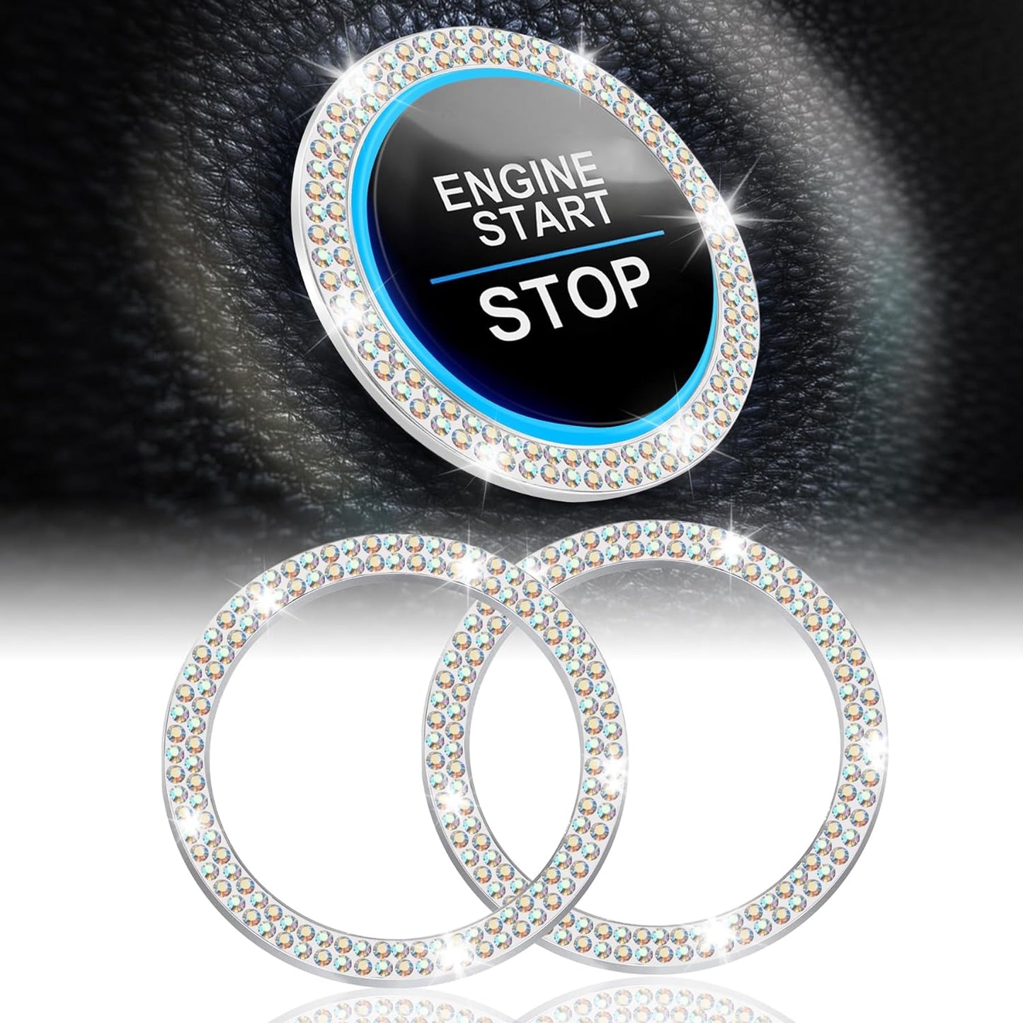 2 PCS Crystal Double Rhinestone Car Engine Start Stop Decoration Ring, Bling Car Interior Accessories for Women, Push to Start Button Cover/Sticker, Key Ignition & Knob Bling Ring, White