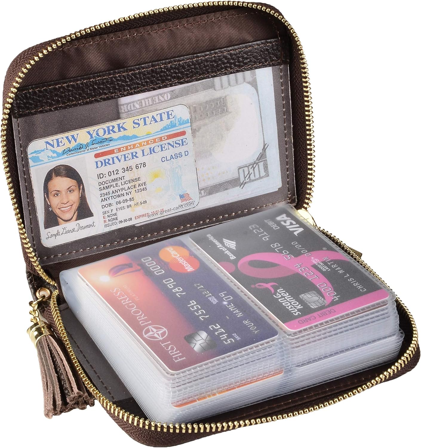 Womens Credit Card Holder Wallet Zip Leather Card Case RFID Blocking (Black)