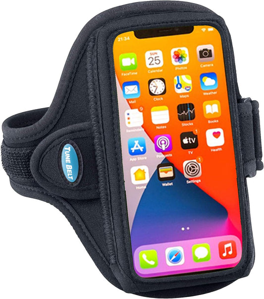 Tune Belt AB91 Cell Phone Armband Holder Case for iPhone 11/12/13/14/15, 12/13/14/15 Pro, 11 Pro Max, XS Max, XR, Galaxy S21/S22/S23 Plus & More for Running & Working Out (Black)