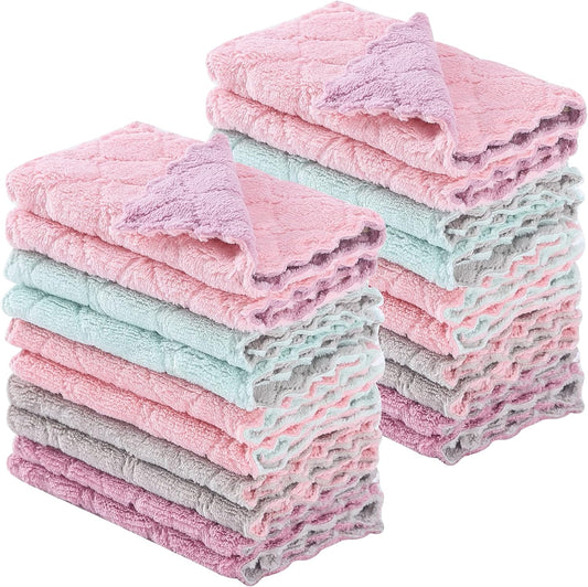 20 Pack Kitchen Dish Cloths Dish Towels,Super Absorbent Coral Fleece Cloth,Premium Cleaning Cloth,Nonstick Oil Washable Fast Drying Dish Rags for Clean Table,Dish,Glass（5Colors 6"x10"）