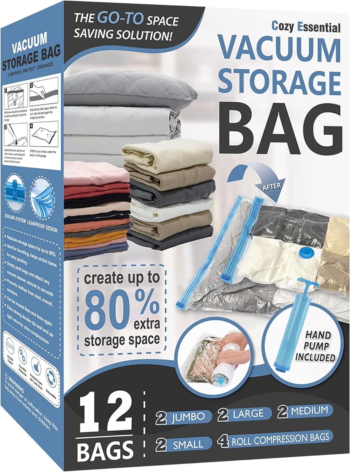 Vacuum Storage Bags, Space Saver Bags Compression Storage Bags for Comforters and Blankets, Vacuum Sealer Bags for Clothes Storage, Hand Pump Included-A