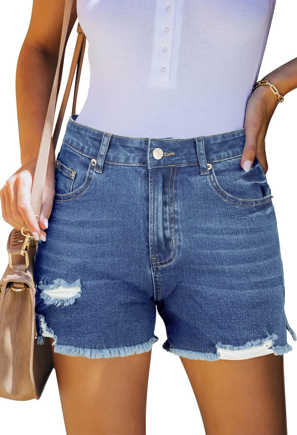 Women's High Waisted Denim Shorts Ripped Hem Frayed Distressed Short Jeans