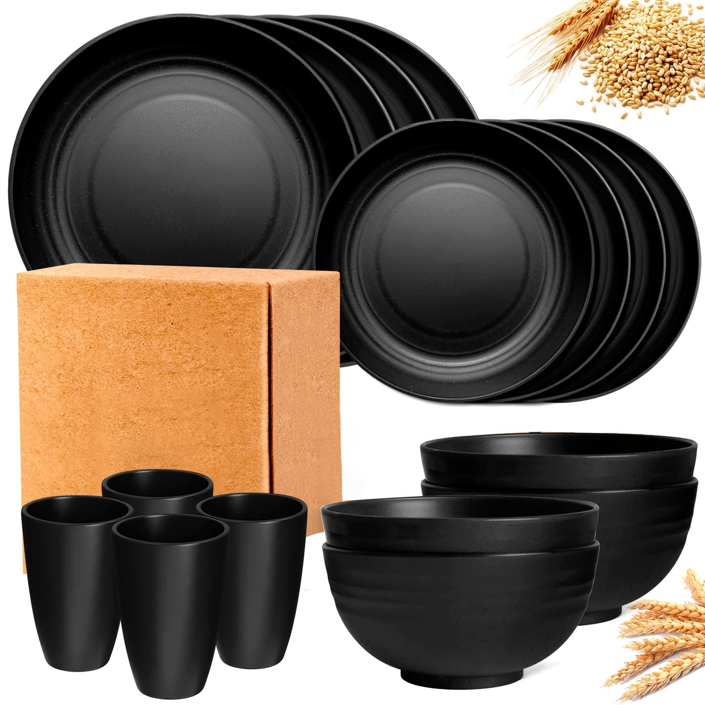 16 Piece Kitchen Wheat Straw Dinnerware Set, Service For 4, Dinner Plates, Dessert Plate, Cereal Bowls, Cups, Unbreakable Plastic Outdoor Camping Dishes, Black