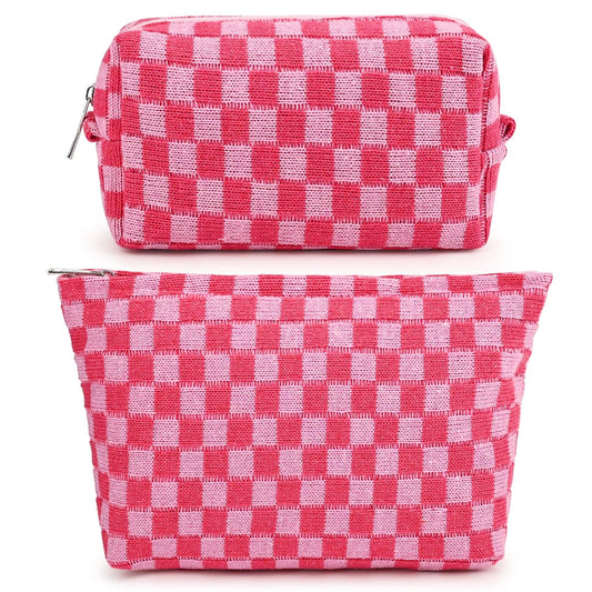 2 Pieces Makeup Bag Large Checkered Cosmetic Bag Pink Capacity Canvas Travel Toiletry Bag Organizer Cute Makeup Brushes Aesthetic Accessories Storage Bag for Women
