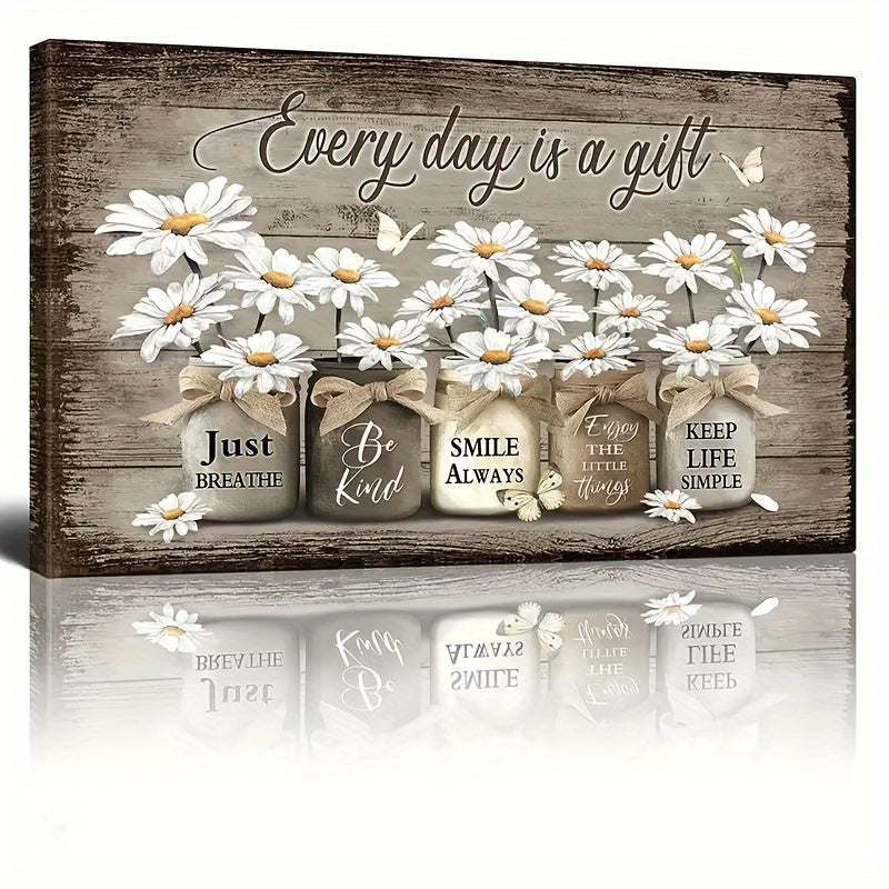 Wooden Framed Rustic Wall Art Daisy Butterfly Gift Canvas Vintage Floral Wall Art, Flowers Inspirational Picture For Bedroom Living Room Bathroom Office Wall Decor Framed Home Decorations Ready To Hang With Framed Ready To Hang 11.8inx15.7inch