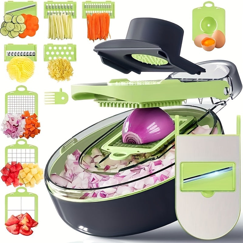 14 in 1 Vegetable Chopper, Multifunctional Fruit Slicer, Manual Food Grater, Vegetable Slicer, Cutter With Container, Onion Mincer Chopper With Multiple Interchangeable Blades, Household Potato Shredder, Kitchen Stuff, Kitchen Gadgets