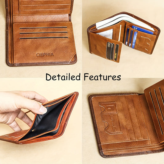 Trifold Genuine Leather Wallets for Men, Top Layer Cowhide Vintage Short Multi Function Credit Card Holder,Money Clips with 2 ID Windows Give Gifts to Men